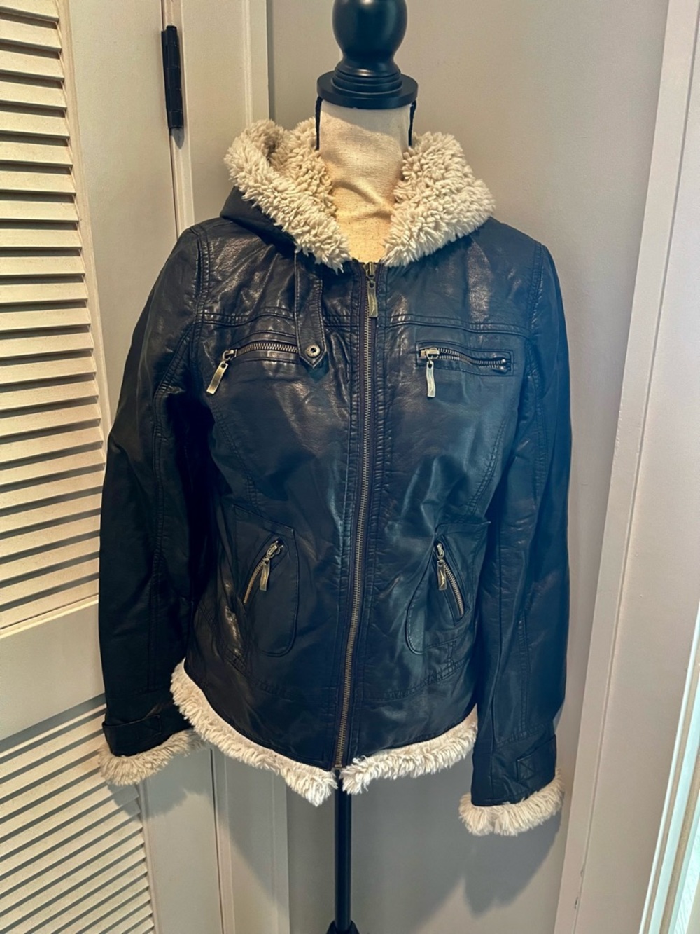 Women’s Dark Copper Brown Faux Leather Jacket with Cream Sherpa Trim